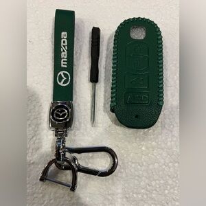 MAZDA Green & Silver Leather Chrome Keychain & Leather Car Key Fob Case Cover